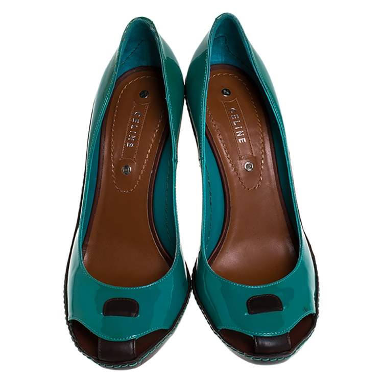 Pre Owned Celine Green/Black Patent And Leather Wooden Heels Pumps Size 38