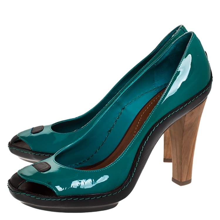 Pre Owned Celine Green/Black Patent And Leather Wooden Heels Pumps Size 38