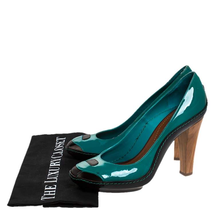 Pre Owned Celine Green/Black Patent And Leather Wooden Heels Pumps Size 38