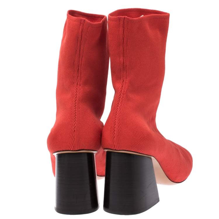 Pre Owned Celine Orange Stretch Knit Fabric Sock Block Heel Ankle Boots Size 39.5