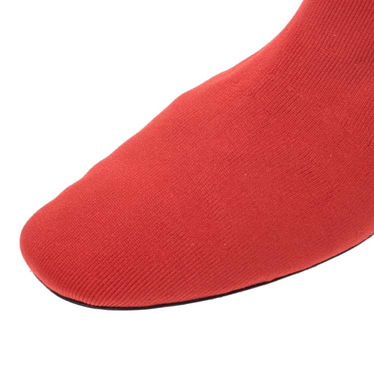 Pre Owned Celine Orange Stretch Knit Fabric Sock Block Heel Ankle Boots Size 39.5