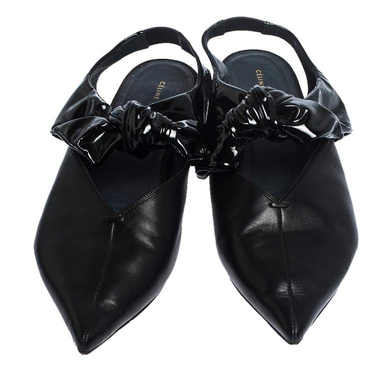 Pre Owned Celine Black Leather Knot Pointed Toe Slingback Flat Sandals Size 39