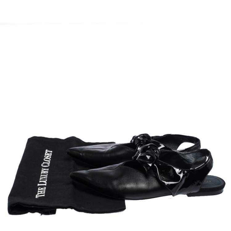 Pre Owned Celine Black Leather Knot Pointed Toe Slingback Flat Sandals Size 39