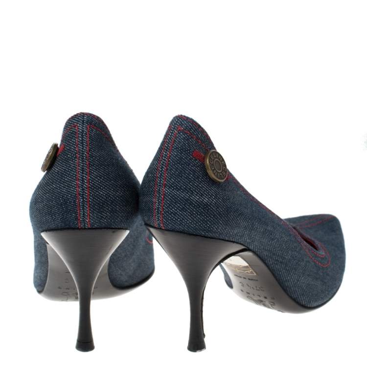 Pre Owned Celine Blue Denim Fabric Pointed Toe Pumps Size 37.5