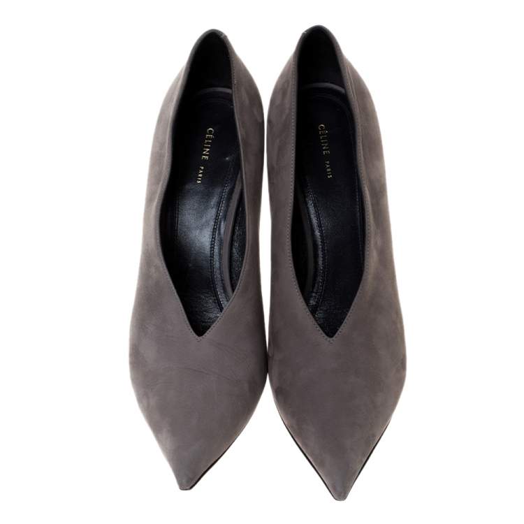 Pre Owned Celine Grey Nubuck Leather V Neck Pointed Toe Pumps Size 38.5 