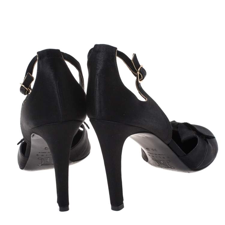Pre Owned Celine Black Cutout Satin Bow D'Orsay Pumps Size 38