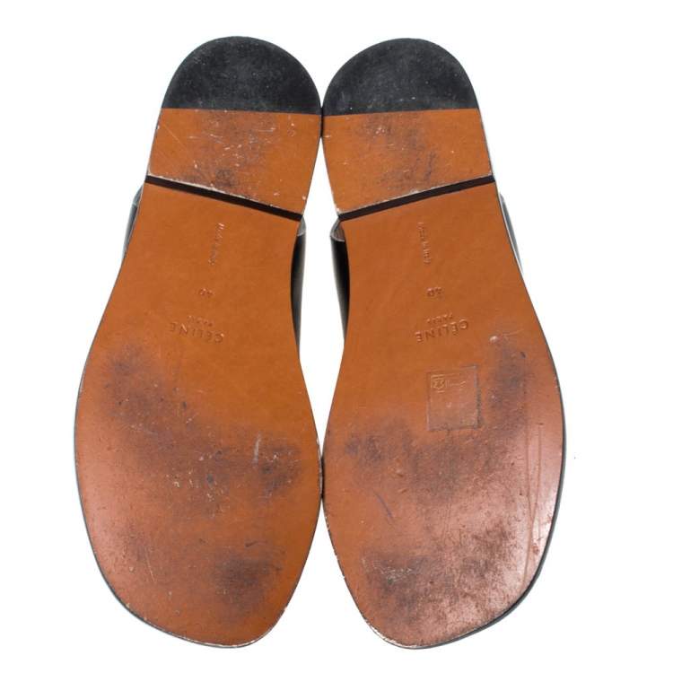 Pre Owned Celine Black Leather Zip Detail Open Toe Flat Sandals Size 40