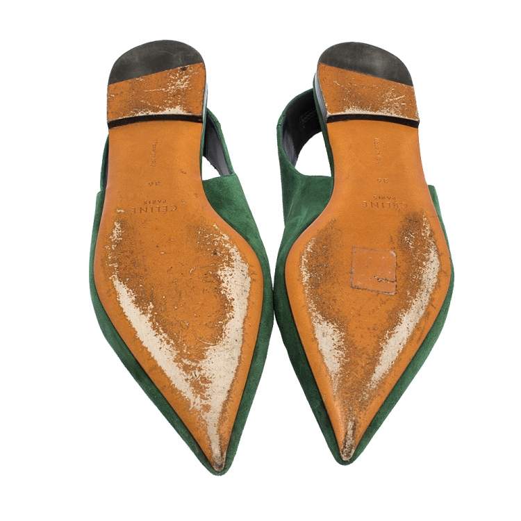 Pre Owned Celine Green Suede V Cut Pointed Toe Flats Size 36