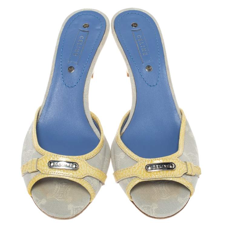 Pre Owned Celine Off-White/Yellow Macadam Canvas And Patent Trim Slide Sandals Size 39.5