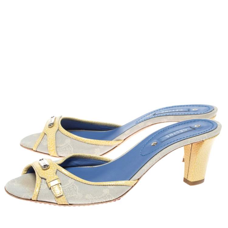 Pre Owned Celine Off-White/Yellow Macadam Canvas And Patent Trim Slide Sandals Size 39.5