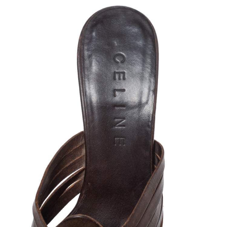 Pre Owned Celine Dark Brown Leather Vintage Strappy Slide Sandals Size 39
