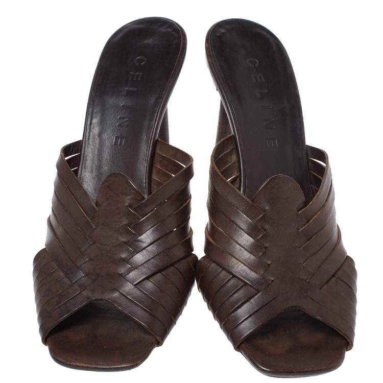 Pre Owned Celine Dark Brown Leather Vintage Strappy Slide Sandals Size 39
