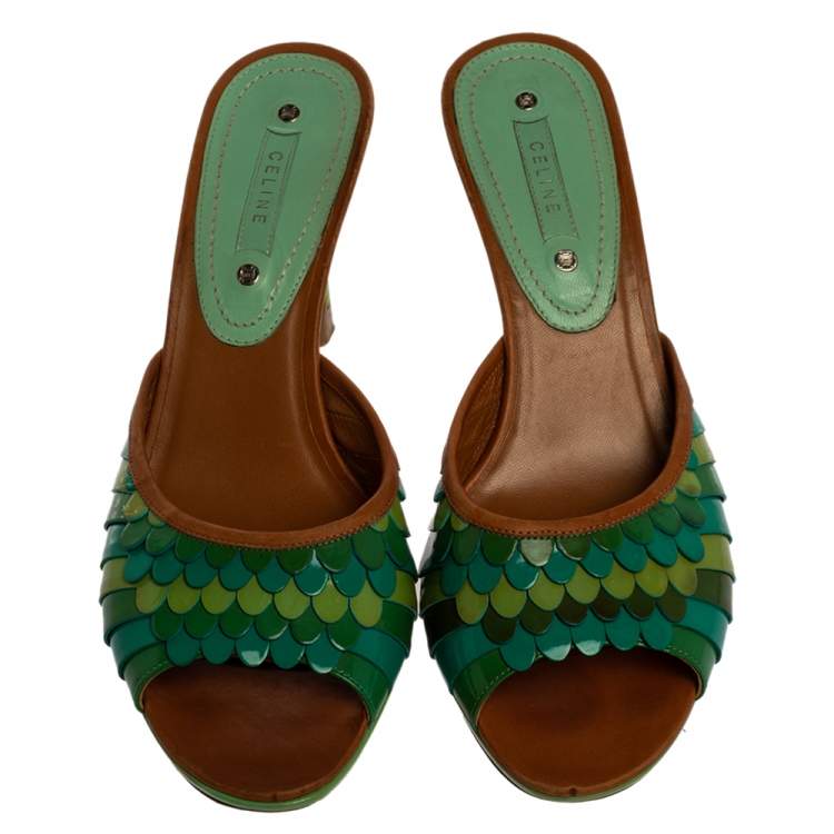 Pre Owned Celine Green Patent And Leather Trim Scalloped Open Toe Sandals Size 40