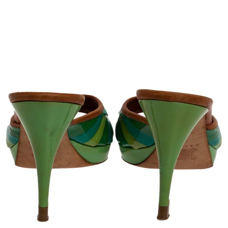 Pre Owned Celine Green Patent And Leather Trim Scalloped Open Toe Sandals Size 40