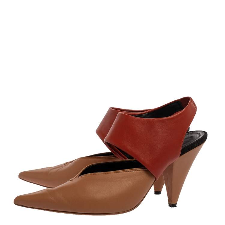 Pre Owned Celine Beige/Brown Leather Slingback Pointed Toe Sandals Size 37