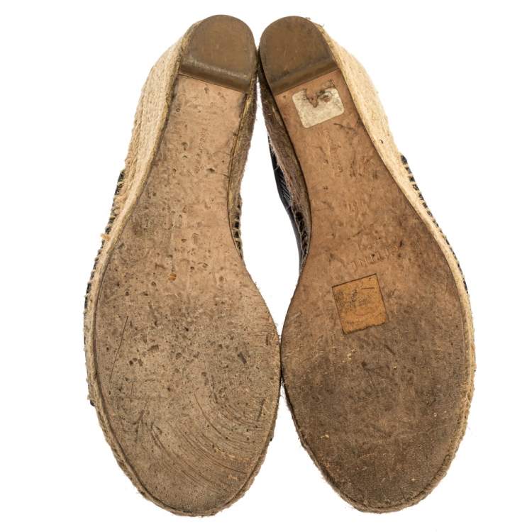Pre Owned Celine Black Leather Open Toe Espadrilles Wedge Sandals Size 37
