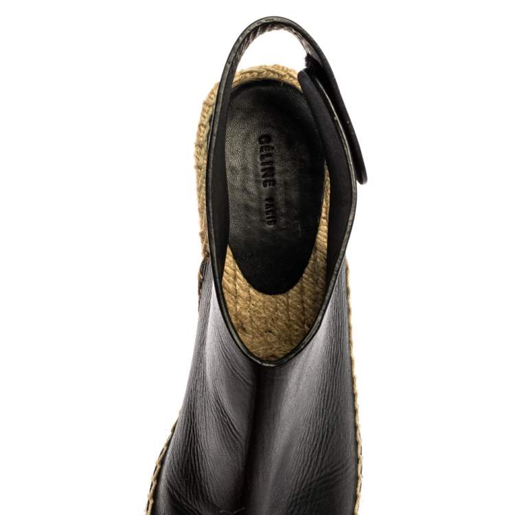 Pre Owned Celine Black Leather Open Toe Espadrilles Wedge Sandals Size 37