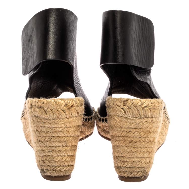Pre Owned Celine Black Leather Open Toe Espadrilles Wedge Sandals Size 37