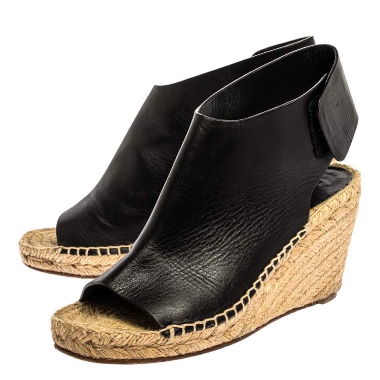 Pre Owned Celine Black Leather Open Toe Espadrilles Wedge Sandals Size 37