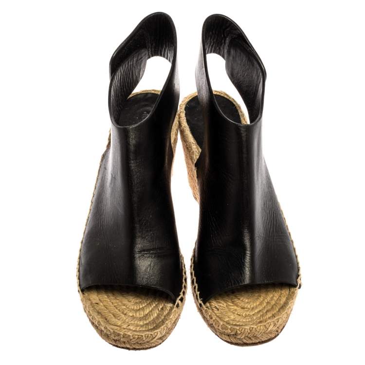 Pre Owned Celine Black Leather Open Toe Espadrilles Wedge Sandals Size 37