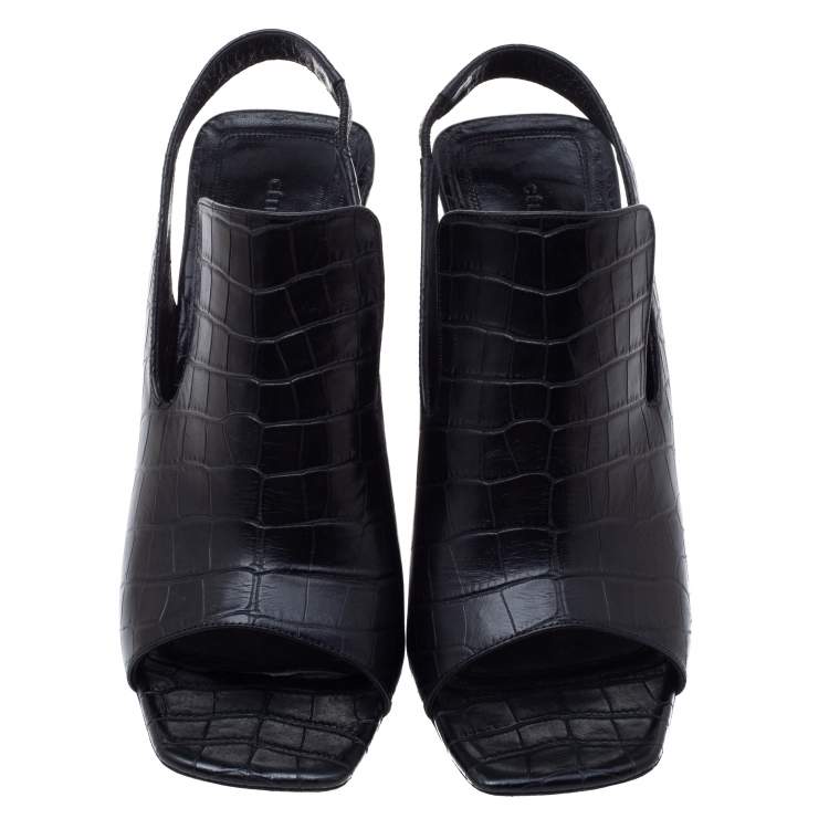 Pre Owned Celine Black Croc Embossed Leather Slingback Open Toe Sandals Size 38