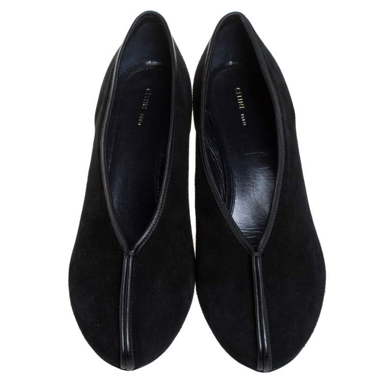 Pre Owned Celine Black Suede Leather V Neck Pumps Size 39