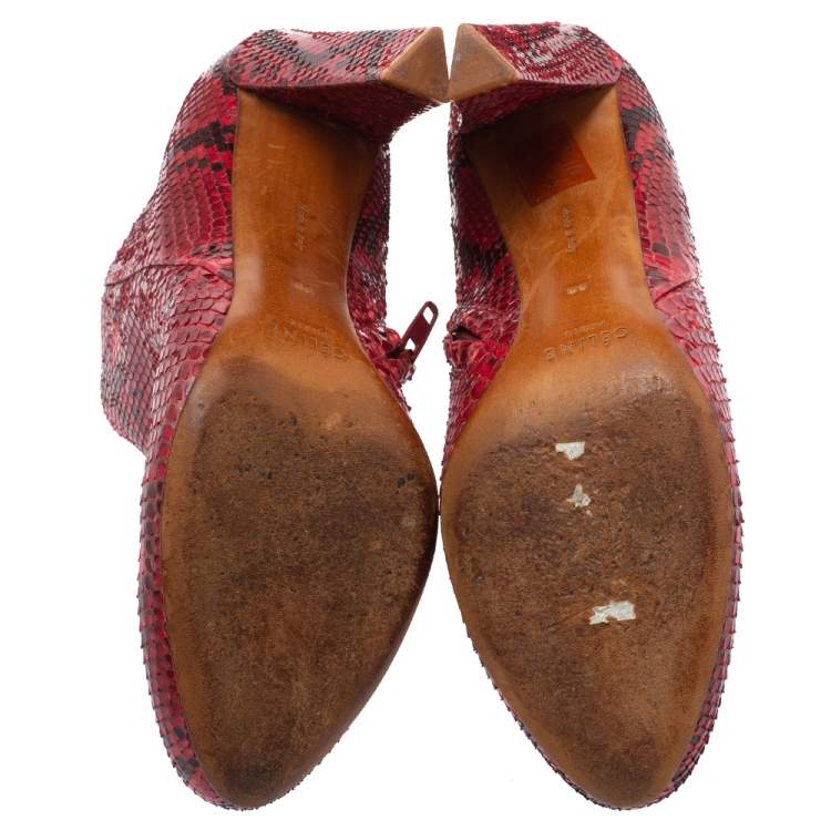 Pre Owned Celine Red Python Block Heels Ankle Boots Size 38