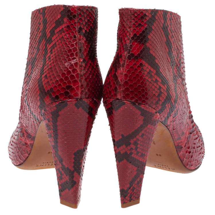 Pre Owned Celine Red Python Block Heels Ankle Boots Size 38