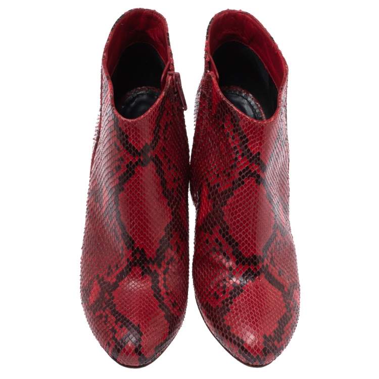 Pre Owned Celine Red Python Block Heels Ankle Boots Size 38