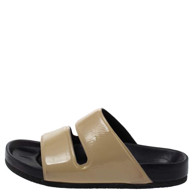 Pre Owned Celine Beige Patent Leather Flat Slide Sandals Size 37