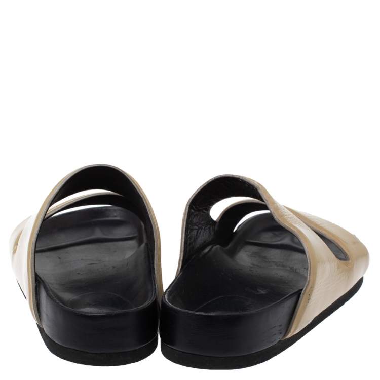 Pre Owned Celine Beige Patent Leather Flat Slide Sandals Size 37
