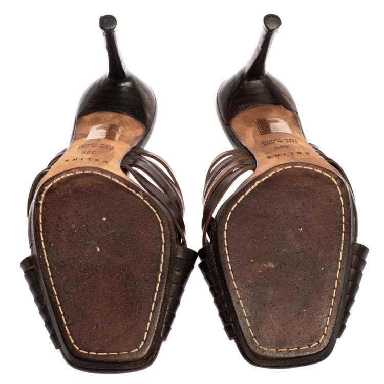 Pre Owned Celine Dark Brown Leather Vintage Strappy Slide Sandals Size 38.5