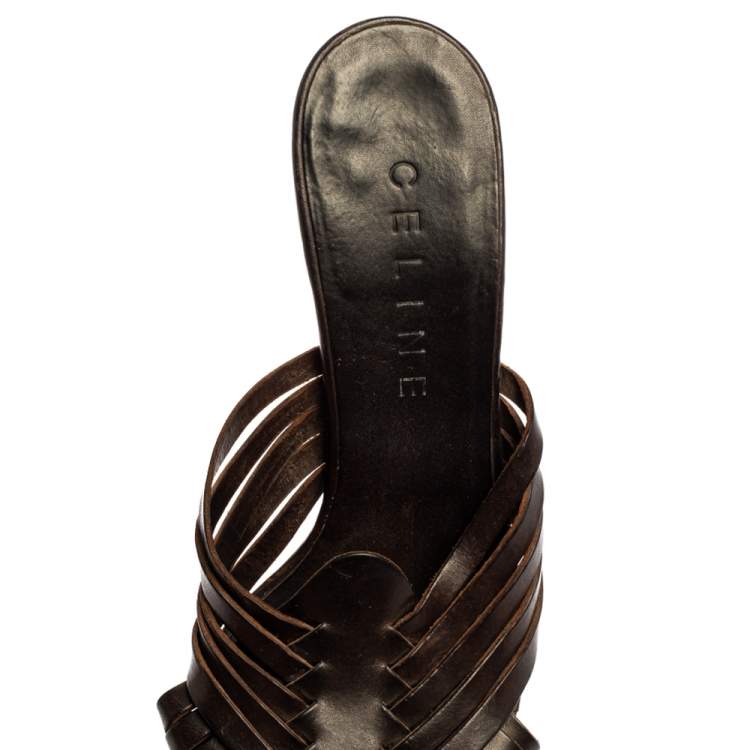 Pre Owned Celine Dark Brown Leather Vintage Strappy Slide Sandals Size 38.5