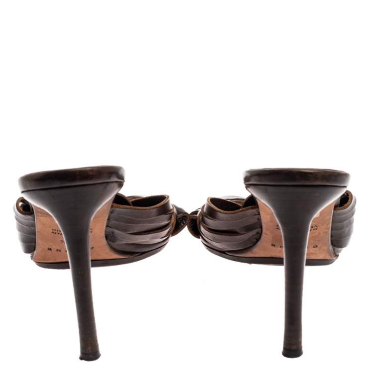 Pre Owned Celine Dark Brown Leather Vintage Strappy Slide Sandals Size 38.5