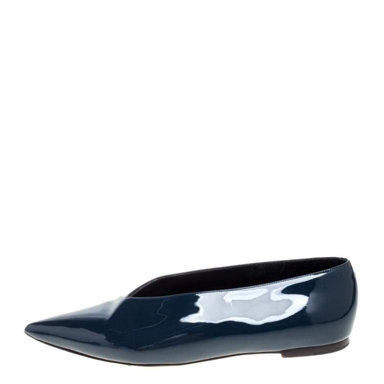 Pre Owned Celine Teal Blue Patent Leather V Neck Ballet Flats Size 37.5