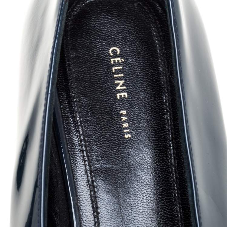 Pre Owned Celine Teal Blue Patent Leather V Neck Ballet Flats Size 37.5
