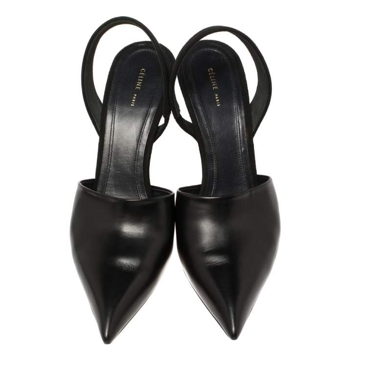 Pre Owned Celine Black Leather Pointed Toe Slingback Pumps Size 38
