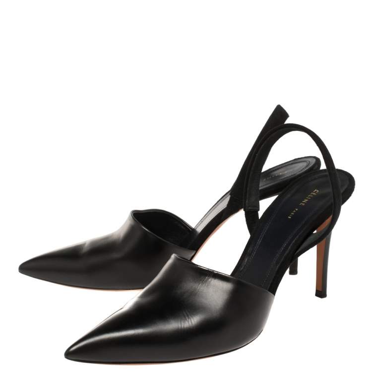 Pre Owned Celine Black Leather Pointed Toe Slingback Pumps Size 38