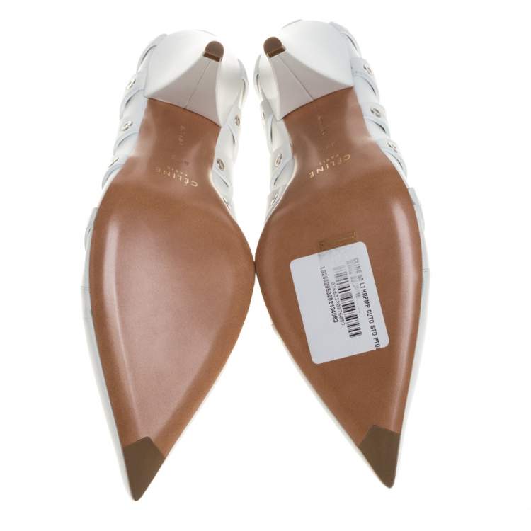 Pre Owned Celine White Leather V-Neck Cutout Pumps Size 39.5