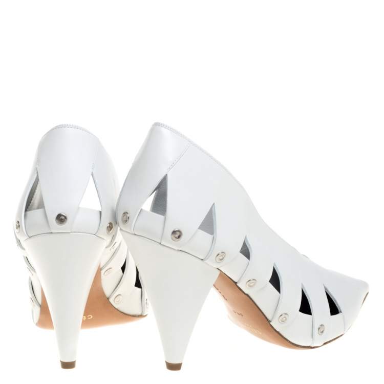 Pre Owned Celine White Leather V-Neck Cutout Pumps Size 39.5