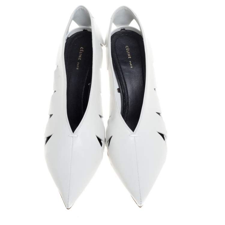 Pre Owned Celine White Leather V-Neck Cutout Pumps Size 39.5