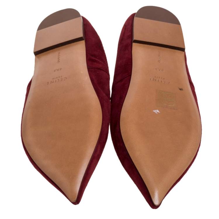 Pre Owned Celine Burgundy Suede V Neck Tie Up Flats Size 37.5