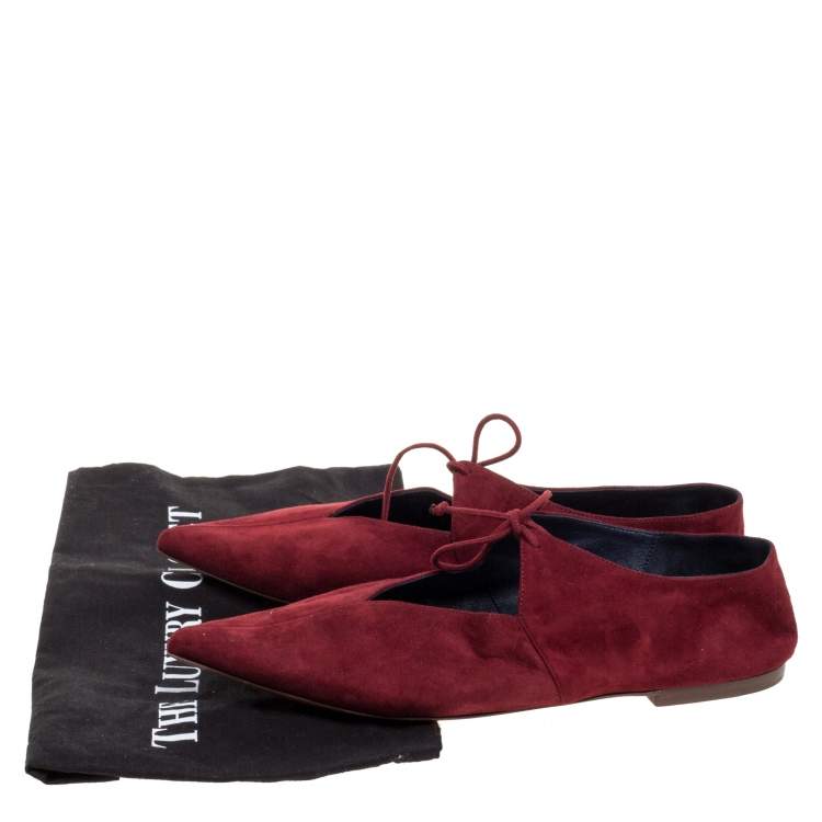 Pre Owned Celine Burgundy Suede V Neck Tie Up Flats Size 37.5