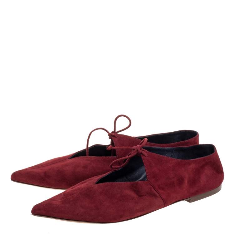 Pre Owned Celine Burgundy Suede V Neck Tie Up Flats Size 37.5