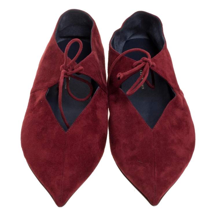 Pre Owned Celine Burgundy Suede V Neck Tie Up Flats Size 37.5