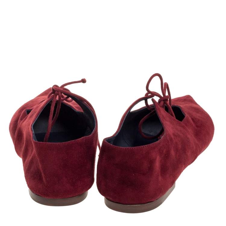 Pre Owned Celine Burgundy Suede V Neck Tie Up Flats Size 37.5