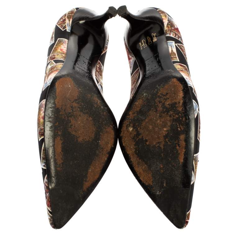 Pre Owned  Celine Black Satin Postcard Print Kitten Heel Pumps Size 37.5