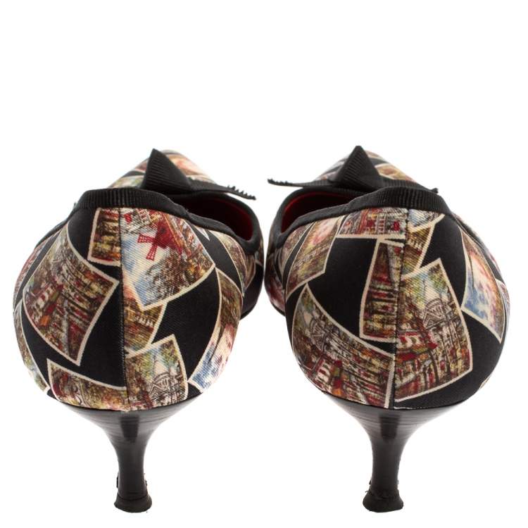 Pre Owned  Celine Black Satin Postcard Print Kitten Heel Pumps Size 37.5