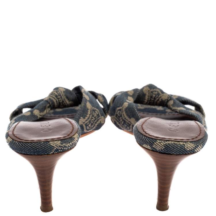 Pre Owned Celine Denim Fabric Knot Open Toe Slide Sandals Size 37.5