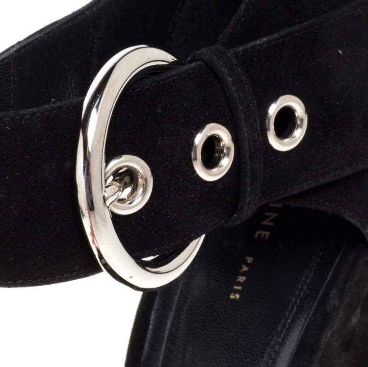 Pre Owned Céline Black Suede Ankle Cuff Square Toe Sandals Size 40